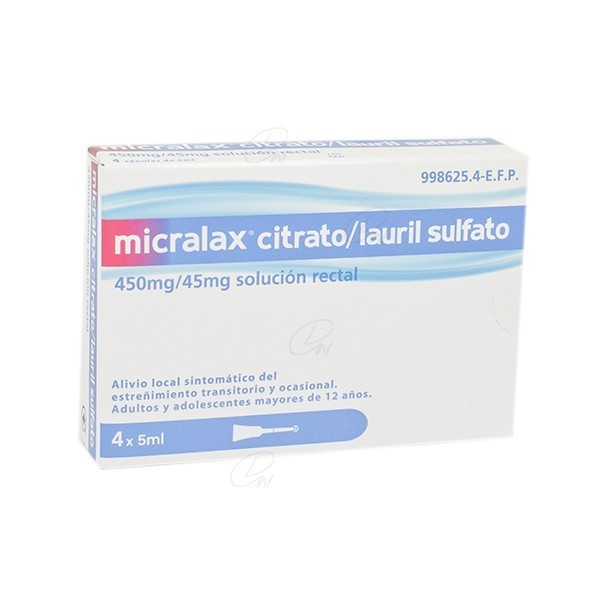 MICRALAX CITRATO/LAURIL SULFOACETATO 450 mg/45 mg solucion rectal, 4 enemas