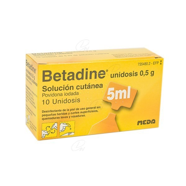 BETADINE UNIDOSIS 500 mg SOLUCION CUTANEA EN ENVASE UNIDOSIS, 10 envases unidosis de 5 ml