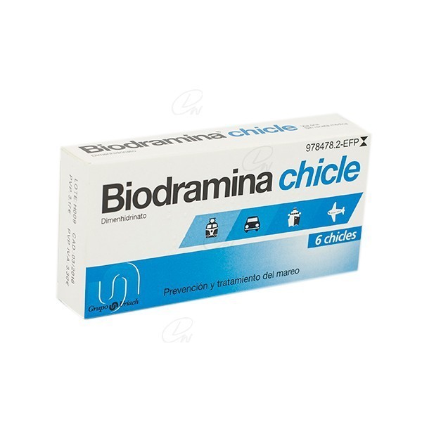 BIODRAMINA 20 mg CHICLES MEDICAMENTOSOS, 6 chicles
